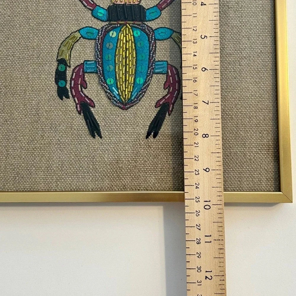 West Elm Gold Framed‎ Wall Art Embroidered Beaded Beetle Decor 10